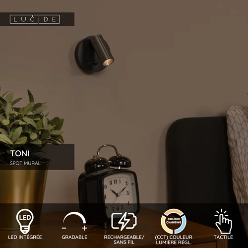 Lucide TONI - Spot mural / Applique mural Rechargeable - Batterie/Piles - Ø 8,1 cm - LED Dim. - CCT - 1x2W 2700K/4000K - Détecteur De Mouvement (désactivable) - Magnétique - Café - USP